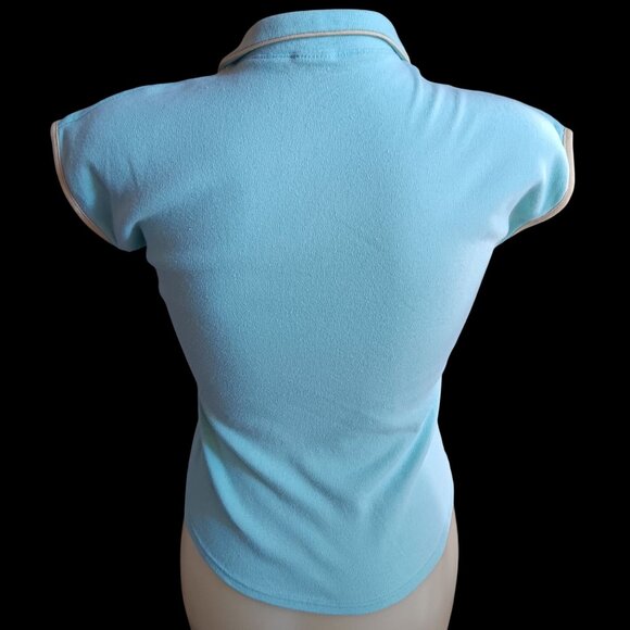 Vintage Women's Small Top 70's Disco Buttery Blue Fitted Cap Sleeve Keyhole - Picture 4 of 5